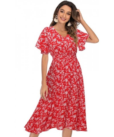 Chiffon Floral Summer Sun Beach Dresses for Women 2023 with V Neck Elastic Waist Red Floral $16.80 Dresses