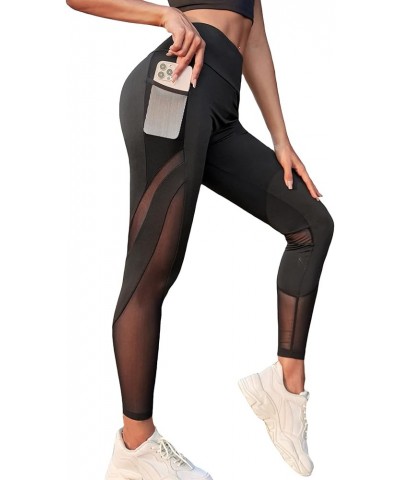 Women's Mesh Insert High Waisted Workout Gym Athletic Leggings with Phone Pocket Black D $17.91 Activewear