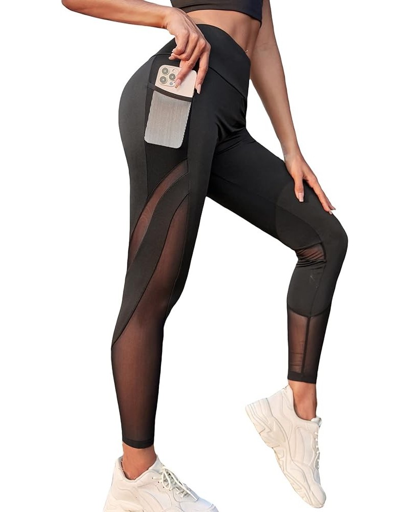 Women's Mesh Insert High Waisted Workout Gym Athletic Leggings with Phone Pocket Black D $17.91 Activewear