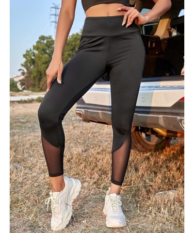 Women's Mesh Insert High Waisted Workout Gym Athletic Leggings with Phone Pocket Black D $17.91 Activewear