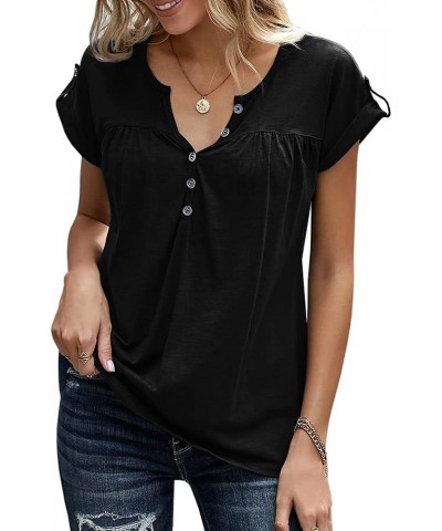 V Neck T Shirts for Women Henley Tees Tunic Tops Loose Casual Button Up Short Rolled Sleeve Solid Blouse Black $11.70 Tops