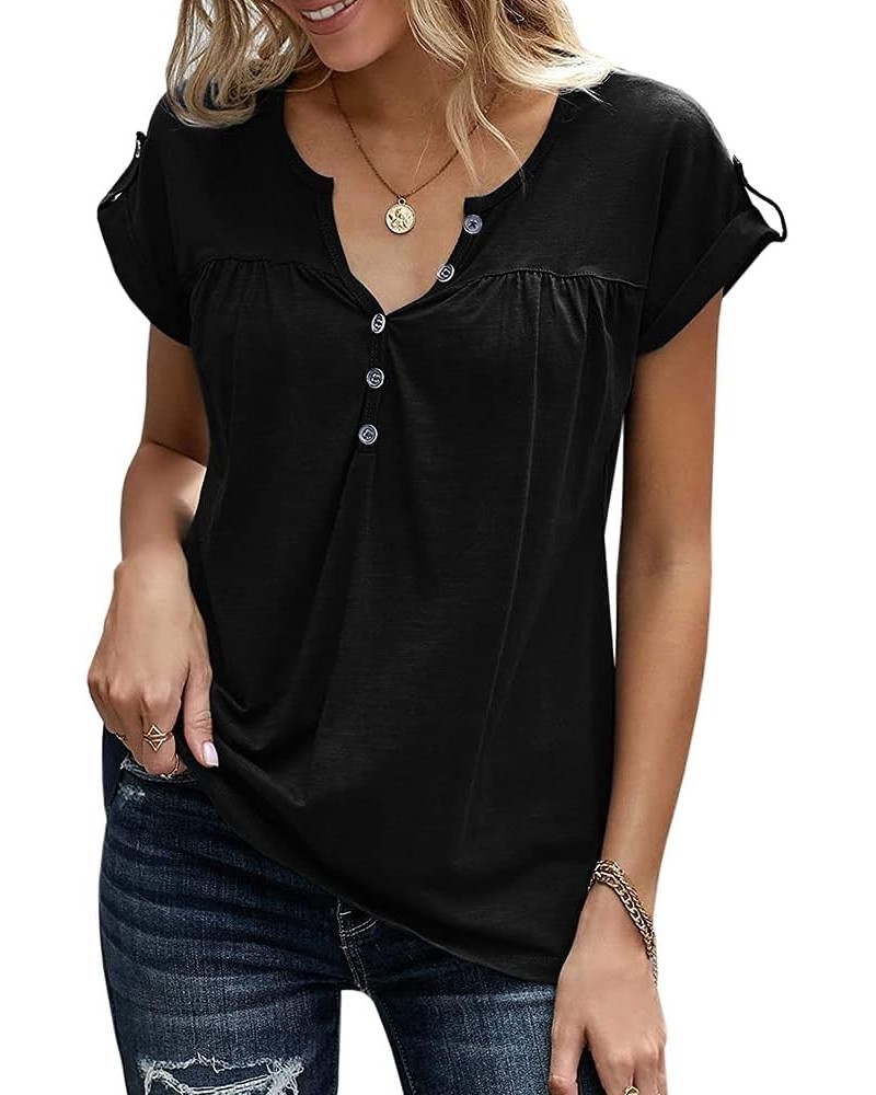 V Neck T Shirts for Women Henley Tees Tunic Tops Loose Casual Button Up Short Rolled Sleeve Solid Blouse Black $11.70 Tops