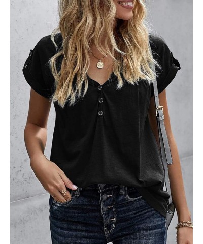 V Neck T Shirts for Women Henley Tees Tunic Tops Loose Casual Button Up Short Rolled Sleeve Solid Blouse Black $11.70 Tops