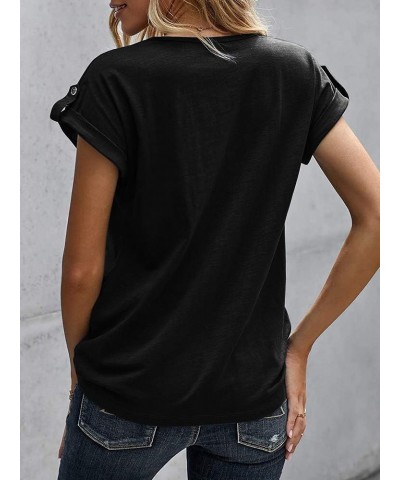 V Neck T Shirts for Women Henley Tees Tunic Tops Loose Casual Button Up Short Rolled Sleeve Solid Blouse Black $11.70 Tops