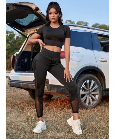 Women's Mesh Insert High Waisted Workout Gym Athletic Leggings with Phone Pocket Black D $17.91 Activewear