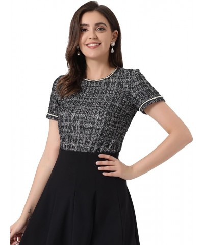 Tweed Top for Women's 2024 Trendy Pearl Trim Crew Neck Short Sleeve Blouse Black White $15.15 Blouses