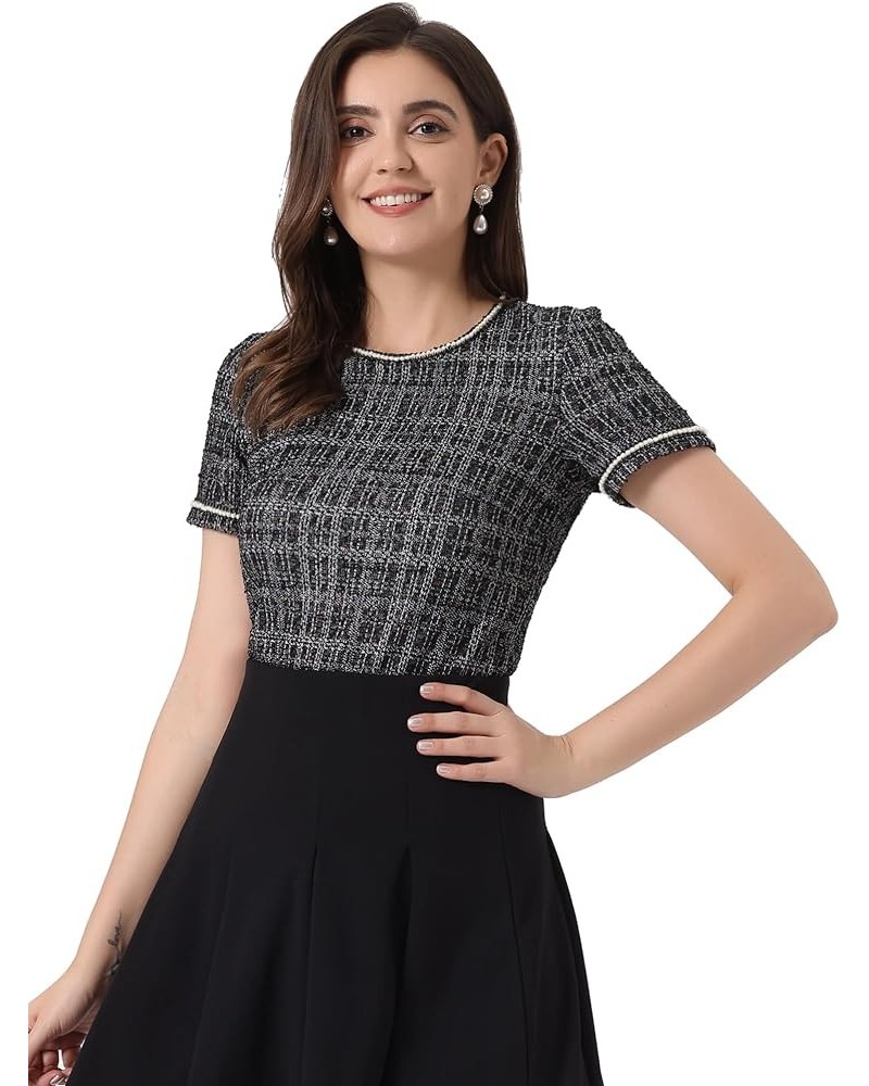 Tweed Top for Women's 2024 Trendy Pearl Trim Crew Neck Short Sleeve Blouse Black White $15.15 Blouses