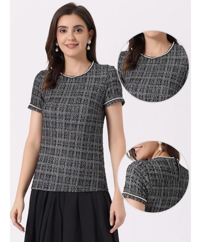 Tweed Top for Women's 2024 Trendy Pearl Trim Crew Neck Short Sleeve Blouse Black White $15.15 Blouses