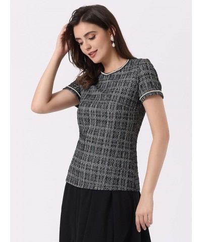 Tweed Top for Women's 2024 Trendy Pearl Trim Crew Neck Short Sleeve Blouse Black White $15.15 Blouses