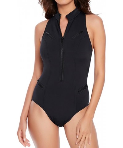 Women's Swimwear Scuba Coco High Neck Racerback Underwire Zip One Piece Swimsuit Black $79.60 Activewear