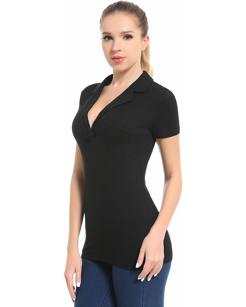 Women Notched Collar Single Pocket Front Short Sleeve Top Black $11.65 Blouses