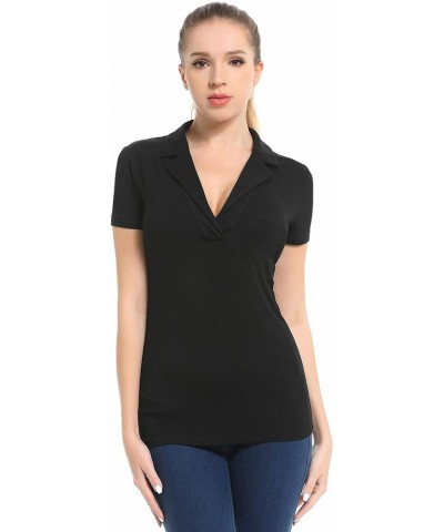 Women Notched Collar Single Pocket Front Short Sleeve Top Black $11.65 Blouses