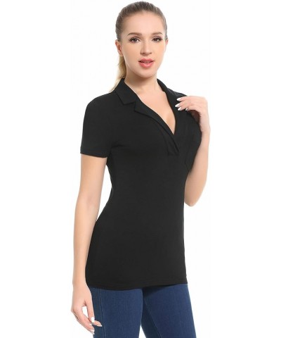 Women Notched Collar Single Pocket Front Short Sleeve Top Black $11.65 Blouses