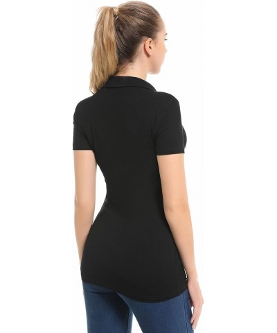 Women Notched Collar Single Pocket Front Short Sleeve Top Black $11.65 Blouses