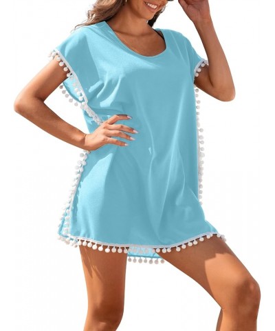 Womens Chiffon Swimsuit Cover Up Beach Coverups for Swimwear Pom Sky Blue $12.90 Swimsuits