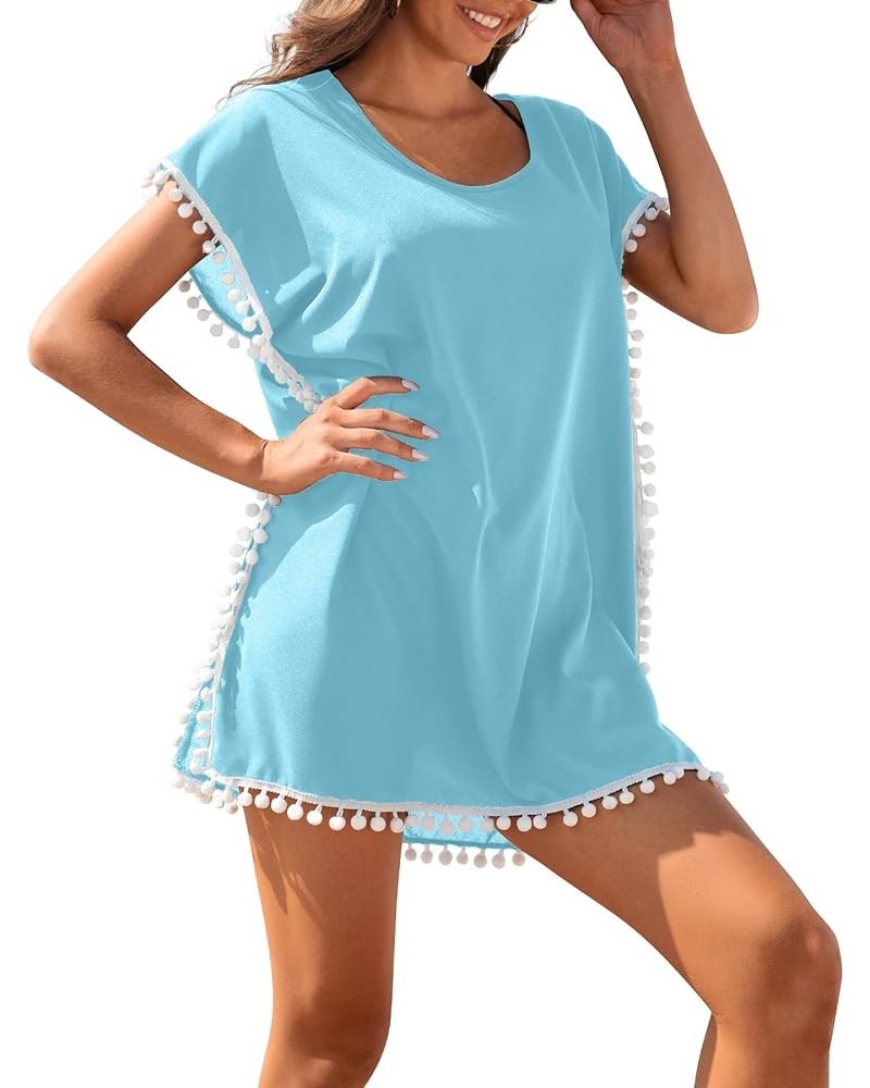 Womens Chiffon Swimsuit Cover Up Beach Coverups for Swimwear Pom Sky Blue $12.90 Swimsuits