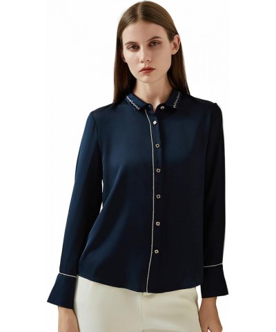 Silk Blouses for Women 100% Mulberry Silk Long Sleeve Silk Shirts for Women Navy Wave-blouse $39.60 Blouses