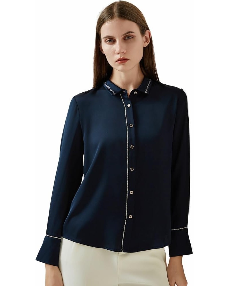 Silk Blouses for Women 100% Mulberry Silk Long Sleeve Silk Shirts for Women Navy Wave-blouse $39.60 Blouses