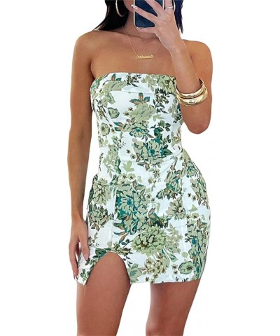 Women Sexy Tube Mini Dress Off The Shoulder Mini Bodycon Short Dress Summer Trendy Strapless Tube Top Dress Slit Hem-floral G...