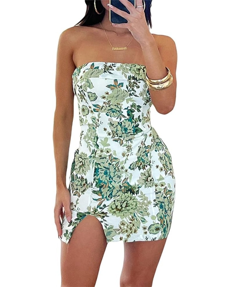 Women Sexy Tube Mini Dress Off The Shoulder Mini Bodycon Short Dress Summer Trendy Strapless Tube Top Dress Slit Hem-floral G...