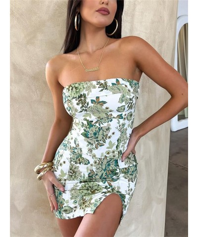 Women Sexy Tube Mini Dress Off The Shoulder Mini Bodycon Short Dress Summer Trendy Strapless Tube Top Dress Slit Hem-floral G...