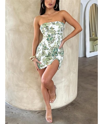 Women Sexy Tube Mini Dress Off The Shoulder Mini Bodycon Short Dress Summer Trendy Strapless Tube Top Dress Slit Hem-floral G...