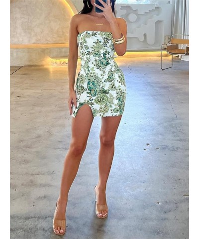 Women Sexy Tube Mini Dress Off The Shoulder Mini Bodycon Short Dress Summer Trendy Strapless Tube Top Dress Slit Hem-floral G...