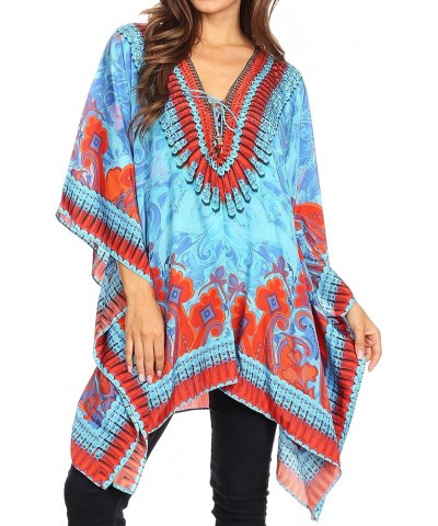 Aymee Women's Caftan Poncho Cover up V Neck Top Lace up with Rhinestone Ort72-turq $24.29 Swimsuits