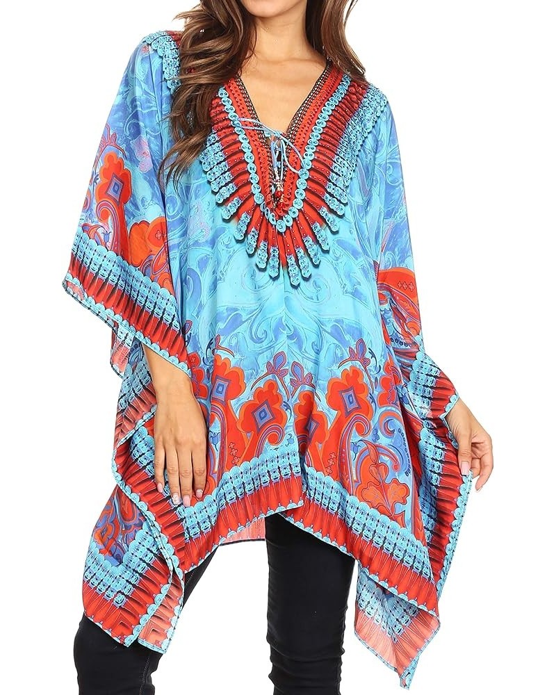 Aymee Women's Caftan Poncho Cover up V Neck Top Lace up with Rhinestone Ort72-turq $24.29 Swimsuits